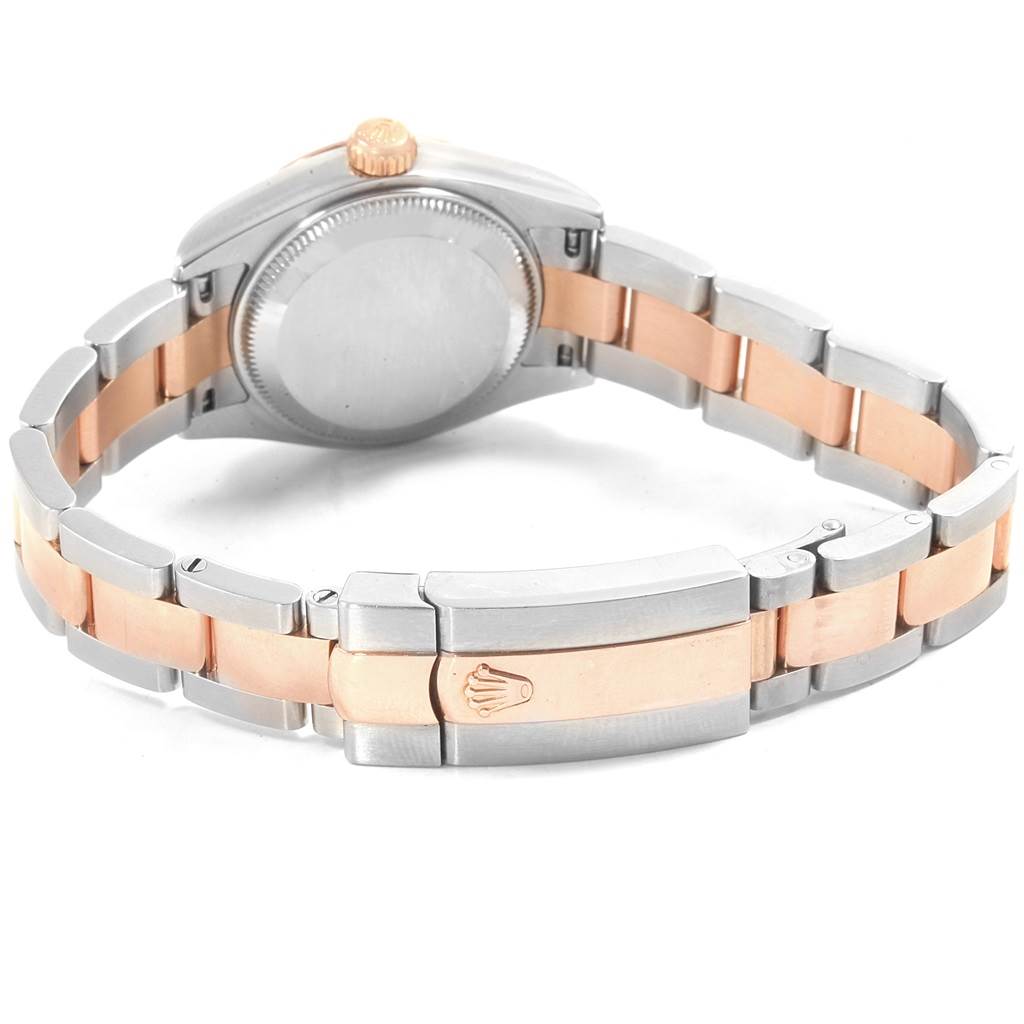 This image shows the back case and two-tone bracelet of a Rolex Datejust 179161 Women's Steel and Gold (two tone) White Dial 179161 Women's Steel and Gold (two tone) White Dial watch, angled to display the clasp.