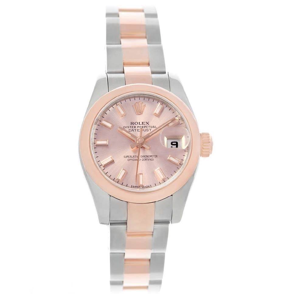 The image shows a front view of a Rolex Datejust 179161 Women's Steel and Gold (two tone) Pink Dial 179161 Women's Steel and Gold (two tone) Pink Dial watch, highlighting its pink dial, date window, and two-tone metal strap.