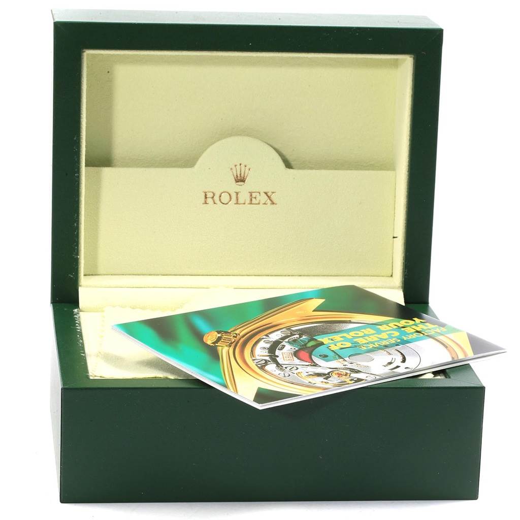 The image shows the open box and manual of a Rolex Datejust 179161 Women's Steel and Gold (two tone) Pink Dial 179161 Women's Steel and Gold (two tone) Pink Dial model, with the watch box angled slightly open.
