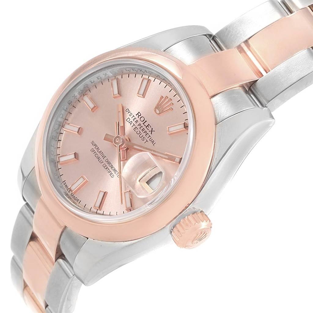 The image shows a Rolex Datejust 179161 Women's Steel and Gold (two tone) Pink Dial 179161 Women's Steel and Gold (two tone) Pink Dial watch at a slight diagonal angle, highlighting the rose gold and stainless steel bracelet, crown, and dial.