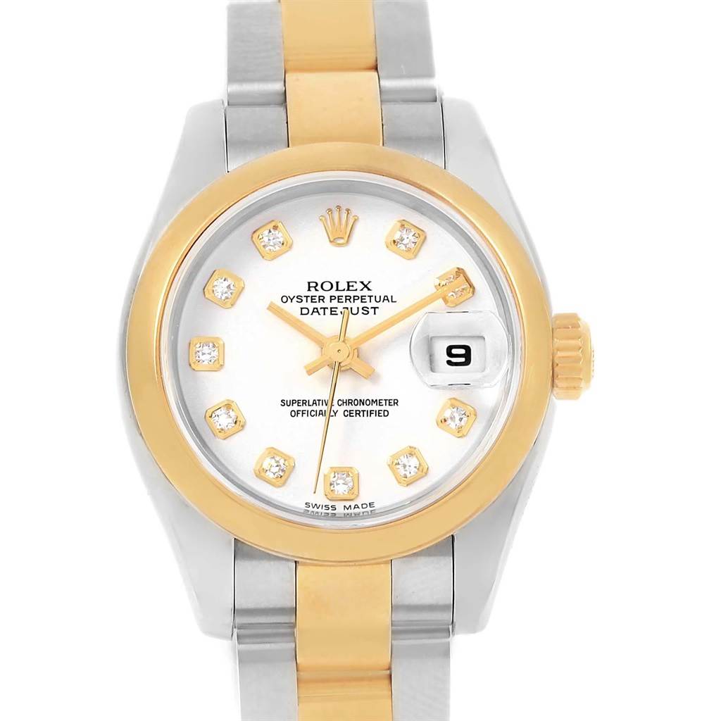 The Rolex Datejust 179163 Women's Steel and Gold (two tone) White Dial 179163 Women's Steel and Gold (two tone) White Dial watch is shown from a front angle, highlighting the dial, bezel, bracelet, and date display.