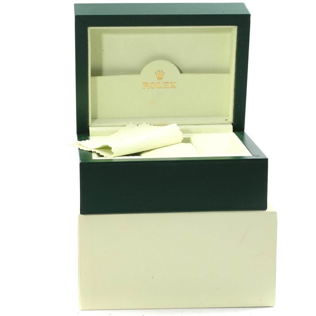 The image shows an open Rolex Datejust 179163 Women's Steel and Gold (two tone) White Dial 179163 Women's Steel and Gold (two tone) White Dial watch box with interior lining and cleaning cloths.