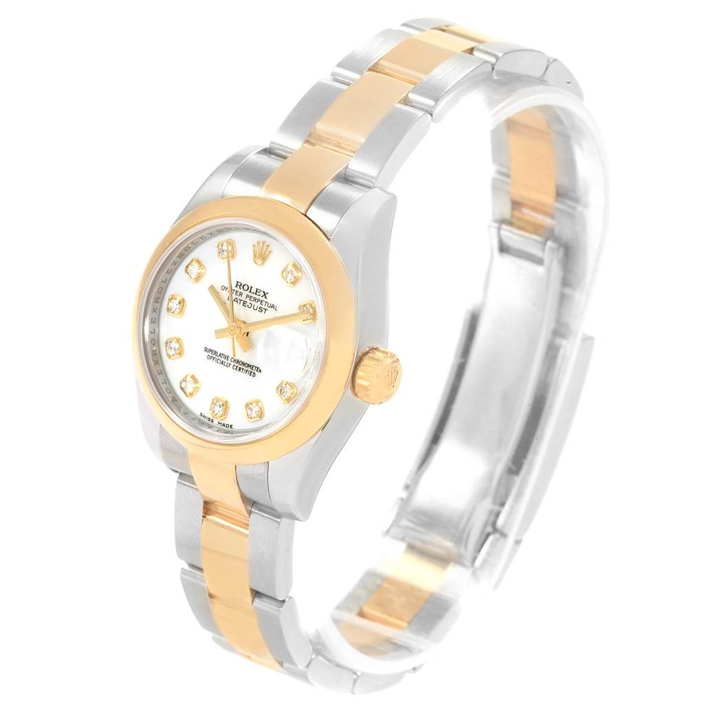 The Rolex Datejust 179163 Women's Steel and Gold (two tone) White Dial 179163 Women's Steel and Gold (two tone) White Dial watch is shown at a three-quarter front angle, displaying its face, bezel, and band.