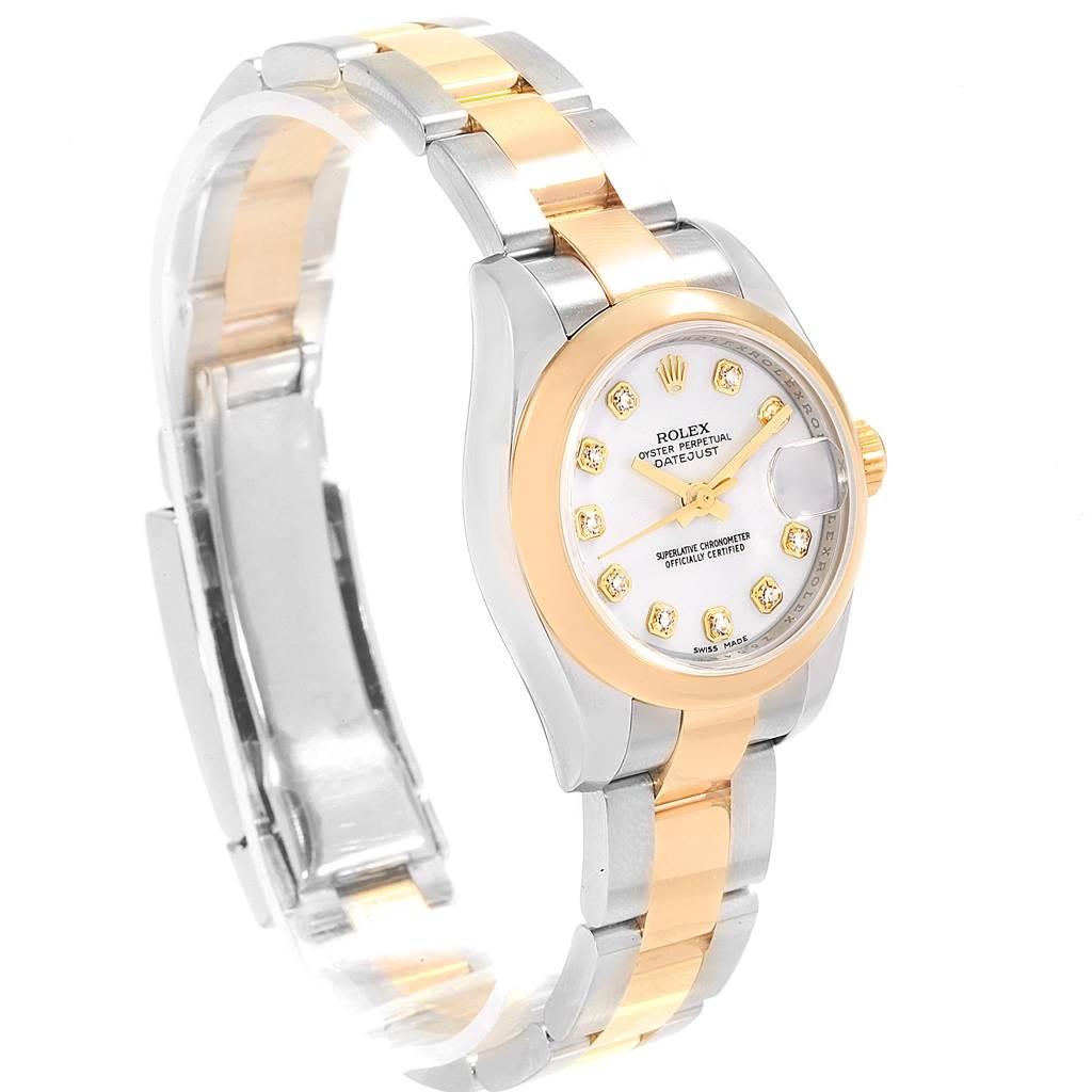 This image shows a Rolex Datejust 179163 Women's Steel and Gold (two tone) White Dial 179163 Women's Steel and Gold (two tone) White Dial watch from an angle highlighting its two-tone bracelet, dial, and bezel.