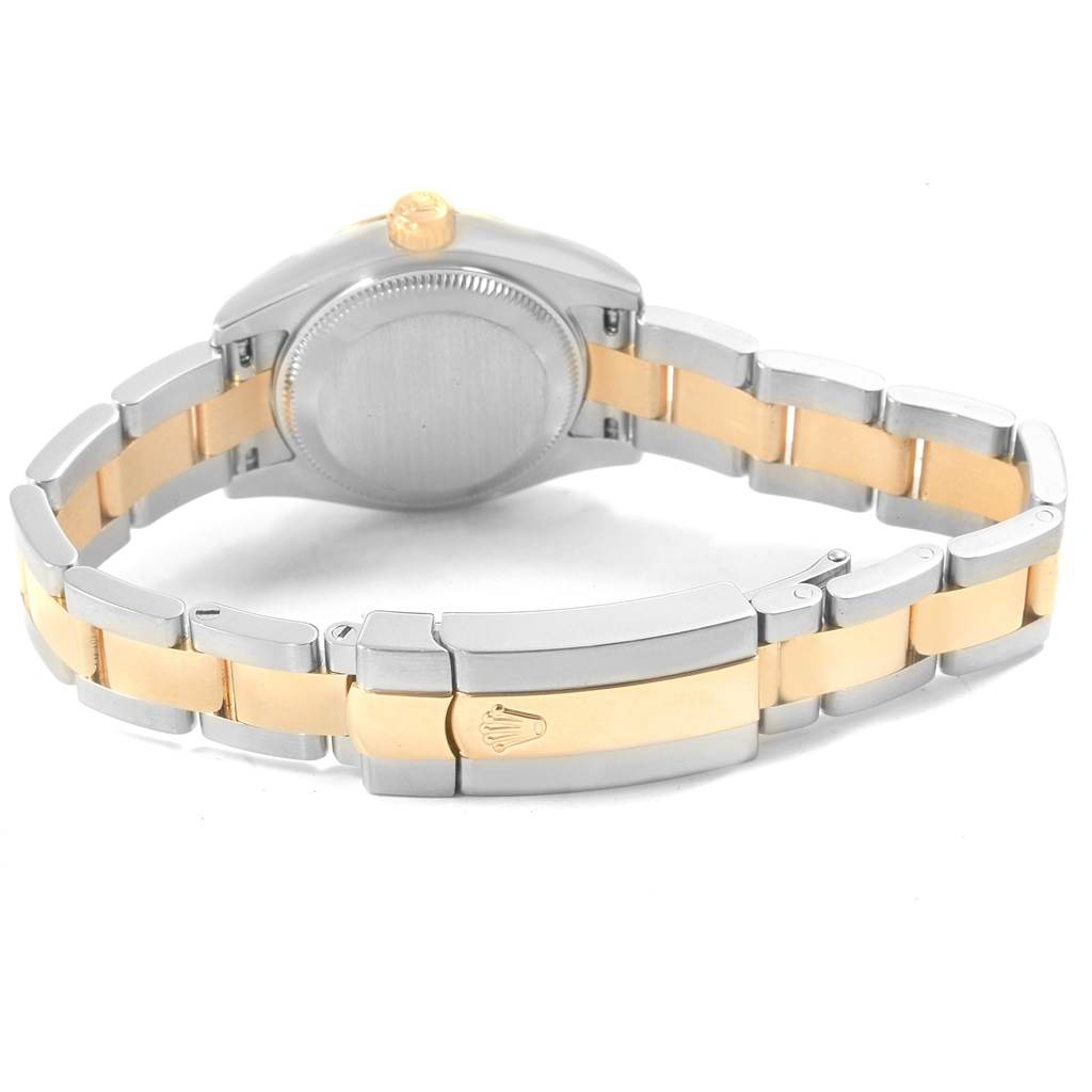 This image shows the back and bracelet clasp of a Rolex Datejust 179163 Women's Steel and Gold (two tone) White Dial 179163 Women's Steel and Gold (two tone) White Dial watch, featuring a gold and silver two-tone design.