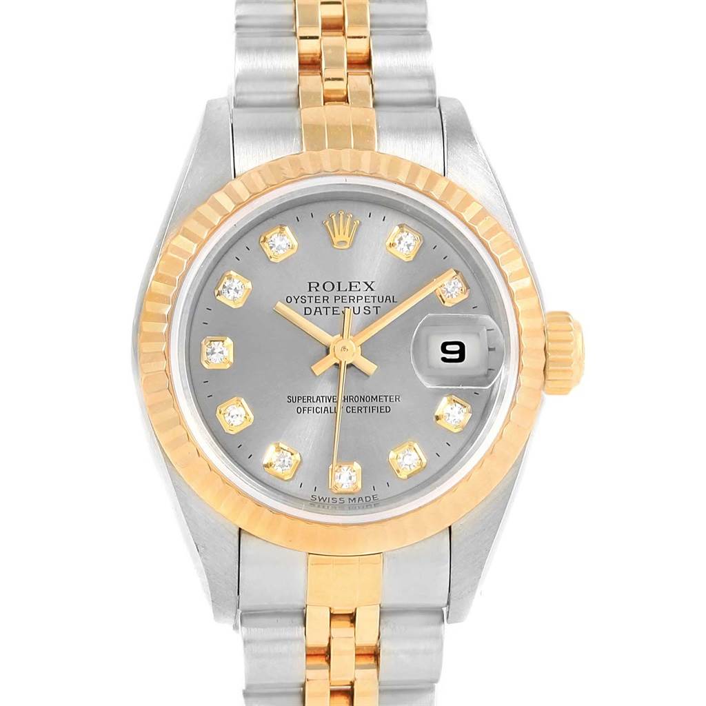 The image shows a front view of a Rolex Datejust 79173 Women's Steel and Gold (two tone) Grey Dial 79173 Women's Steel and Gold (two tone) Grey Dial watch, highlighting its dial, bezel, and bracelet.