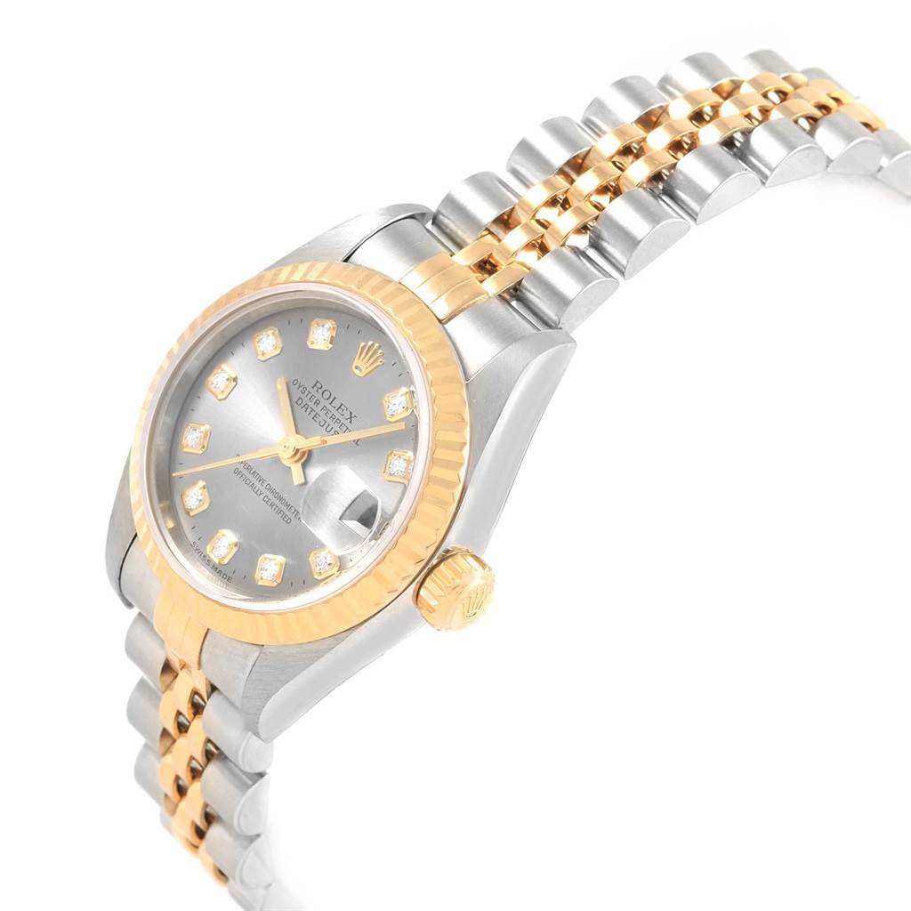 This image shows a Rolex Datejust 79173 Women's Steel and Gold (two tone) Grey Dial 79173 Women's Steel and Gold (two tone) Grey Dial watch from an angled perspective, highlighting the dial, bezel, and two-tone bracelet.