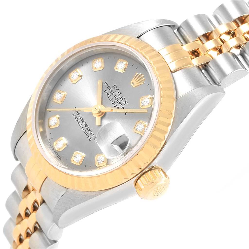 This image shows a close-up of the Rolex Datejust 79173 Women's Steel and Gold (two tone) Grey Dial 79173 Women's Steel and Gold (two tone) Grey Dial watch at a diagonal angle, highlighting the dial, bezel, and bracelet.