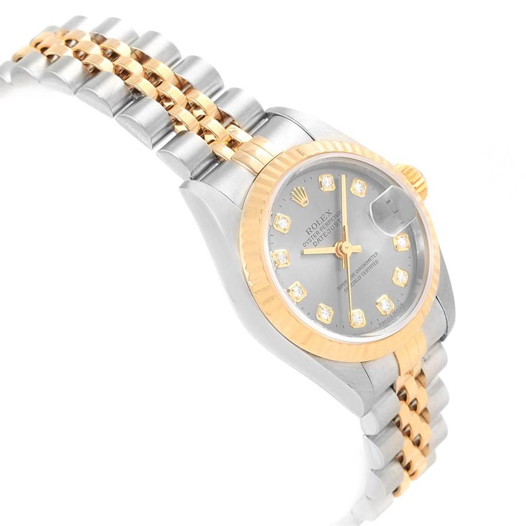 The image shows a Rolex Datejust 79173 Women's Steel and Gold (two tone) Grey Dial 79173 Women's Steel and Gold (two tone) Grey Dial watch at a slight angle, highlighting the dial, bezel, and two-tone bracelet.