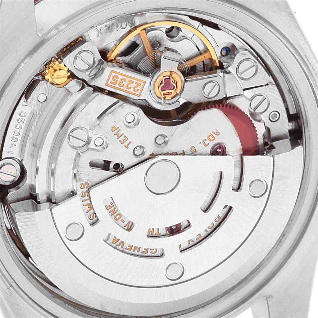 The image shows a close-up view of the movement inside a Rolex Datejust 79173 Women's Steel and Gold (two tone) Grey Dial 79173 Women's Steel and Gold (two tone) Grey Dial watch.