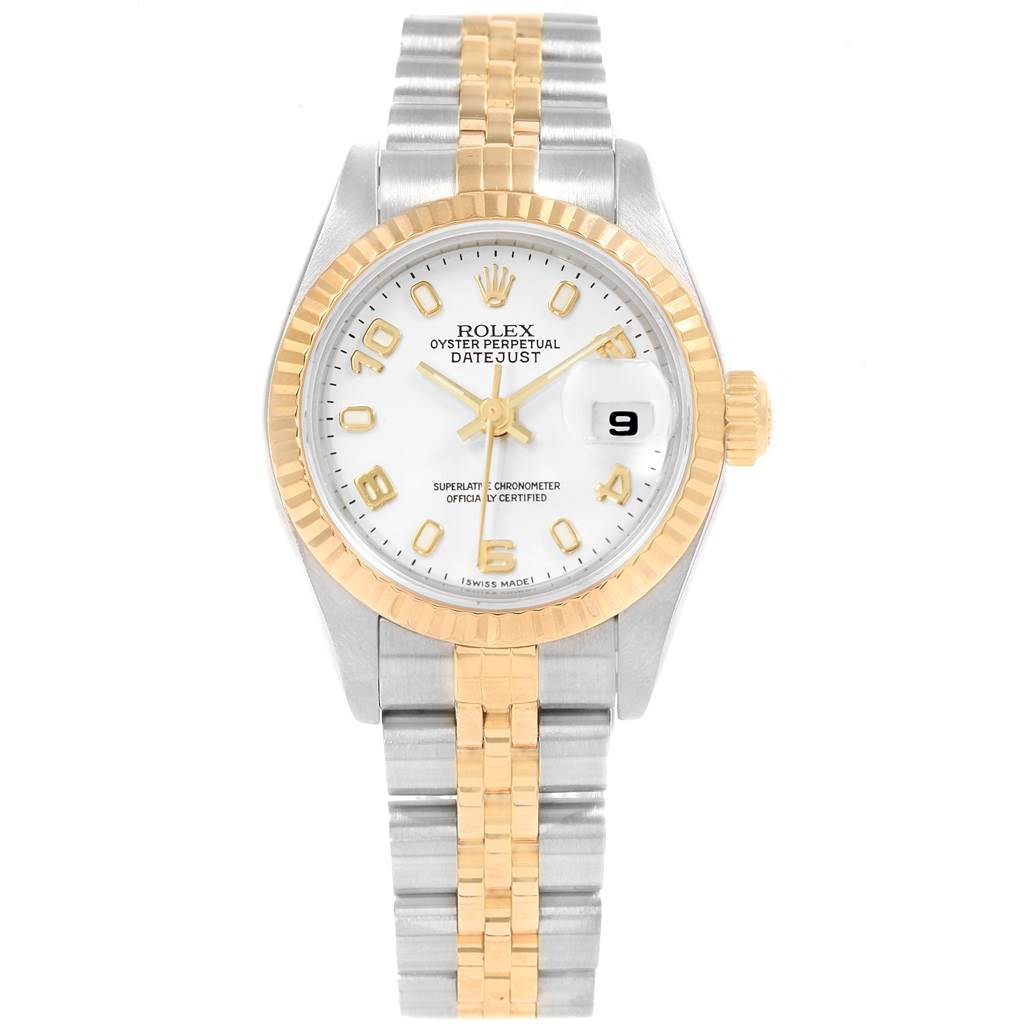 The image shows a Rolex Datejust 69173 Women's Stainless Steel White Dial 69173 Women's Stainless Steel White Dial watch from a front angle, highlighting its two-tone bracelet, bezel, and white dial.