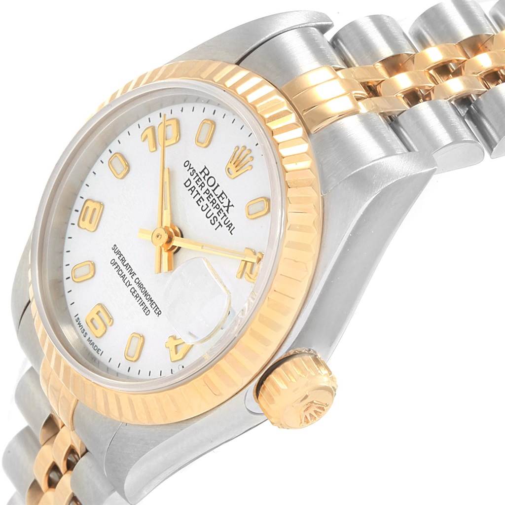 This photo shows a close-up angle of the Rolex Datejust 69173 Women's Stainless Steel White Dial 69173 Women's Stainless Steel White Dial, displaying the watch face, bezel, crown, and part of the bracelet.