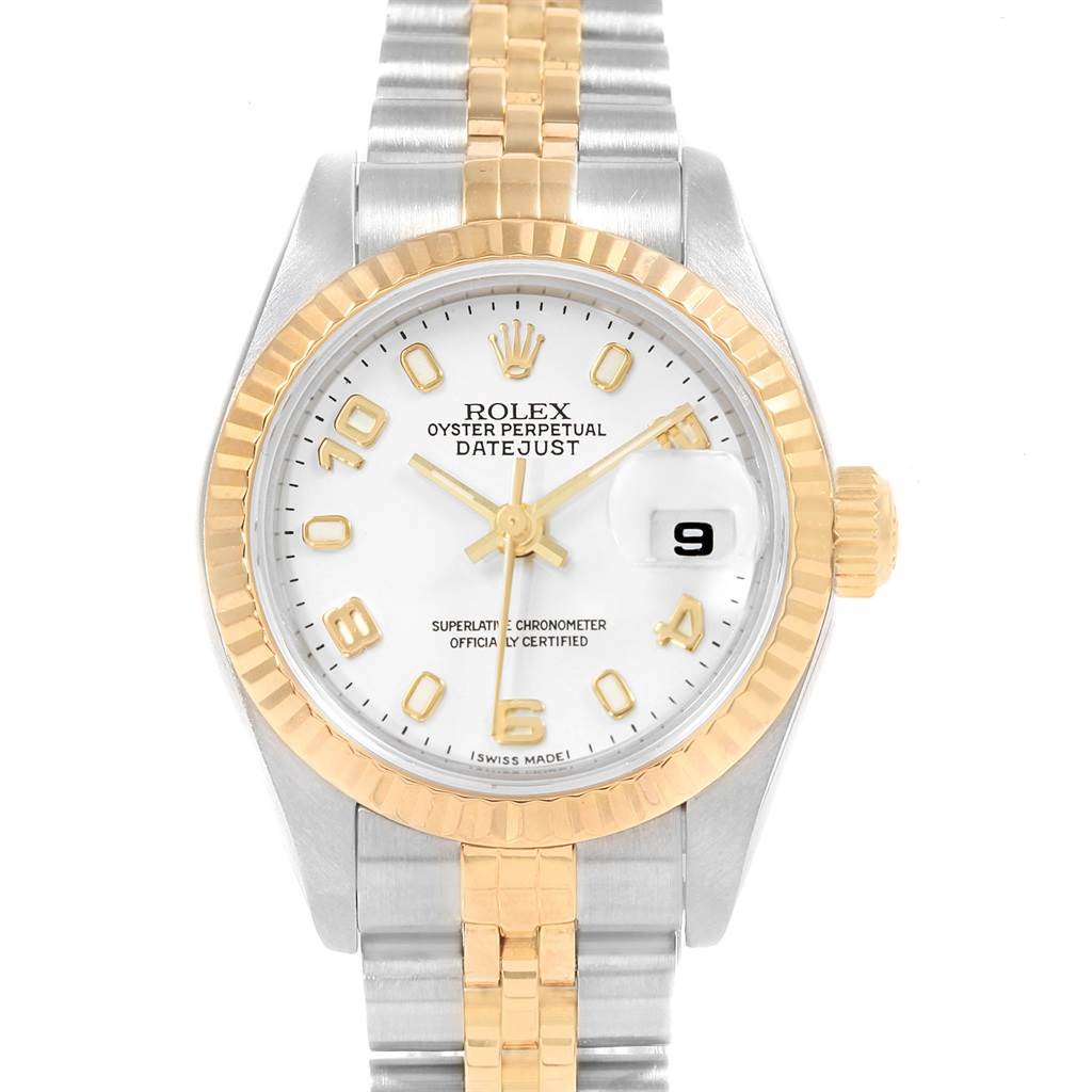 The image shows a front view of a Rolex Datejust 69173 Women's Stainless Steel White Dial 69173 Women's Stainless Steel White Dial watch, highlighting its dial, bezel, hands, crown, and bracelet.