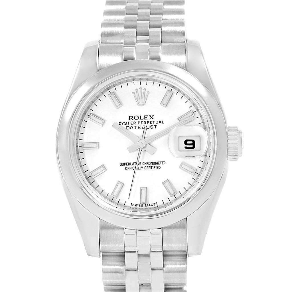 Front view of the Rolex Datejust 179160 Women's Stainless Steel White Dial 179160 Women's Stainless Steel White Dial watch, showing the dial, crown, and bracelet.