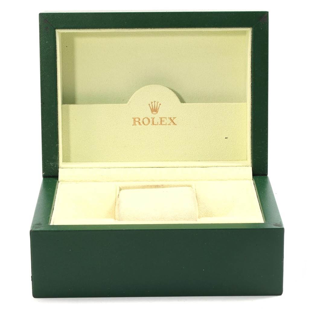 This image shows an open green Rolex Datejust 179160 Women's Stainless Steel White Dial 179160 Women's Stainless Steel White Dial watch box with a beige interior, displaying the brand name and logo.