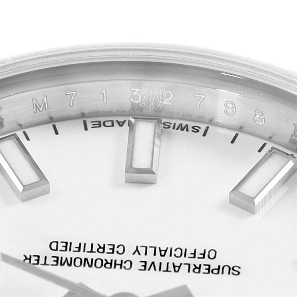 The image shows a close-up of the dial and partial rehaut of a Rolex Datejust 179160 Women's Stainless Steel White Dial 179160 Women's Stainless Steel White Dial watch with visible markers and the "Swiss Made" text.