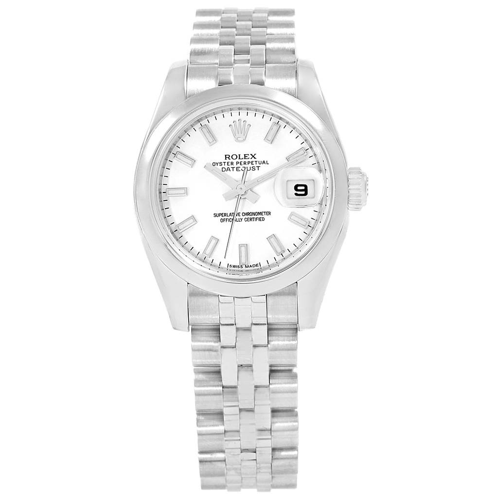 The Rolex Datejust 179160 Women's Stainless Steel White Dial 179160 Women's Stainless Steel White Dial watch is shown from a top-down view, highlighting its face, bracelet, and date feature.
