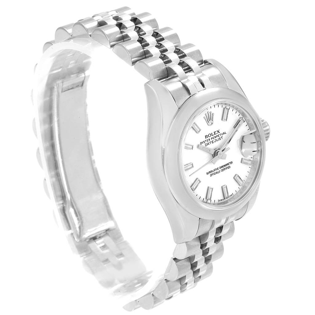 This is a Rolex Datejust 179160 Women's Stainless Steel White Dial 179160 Women's Stainless Steel White Dial watch shown from a right-side angle, displaying the dial, bezel, and bracelet.
