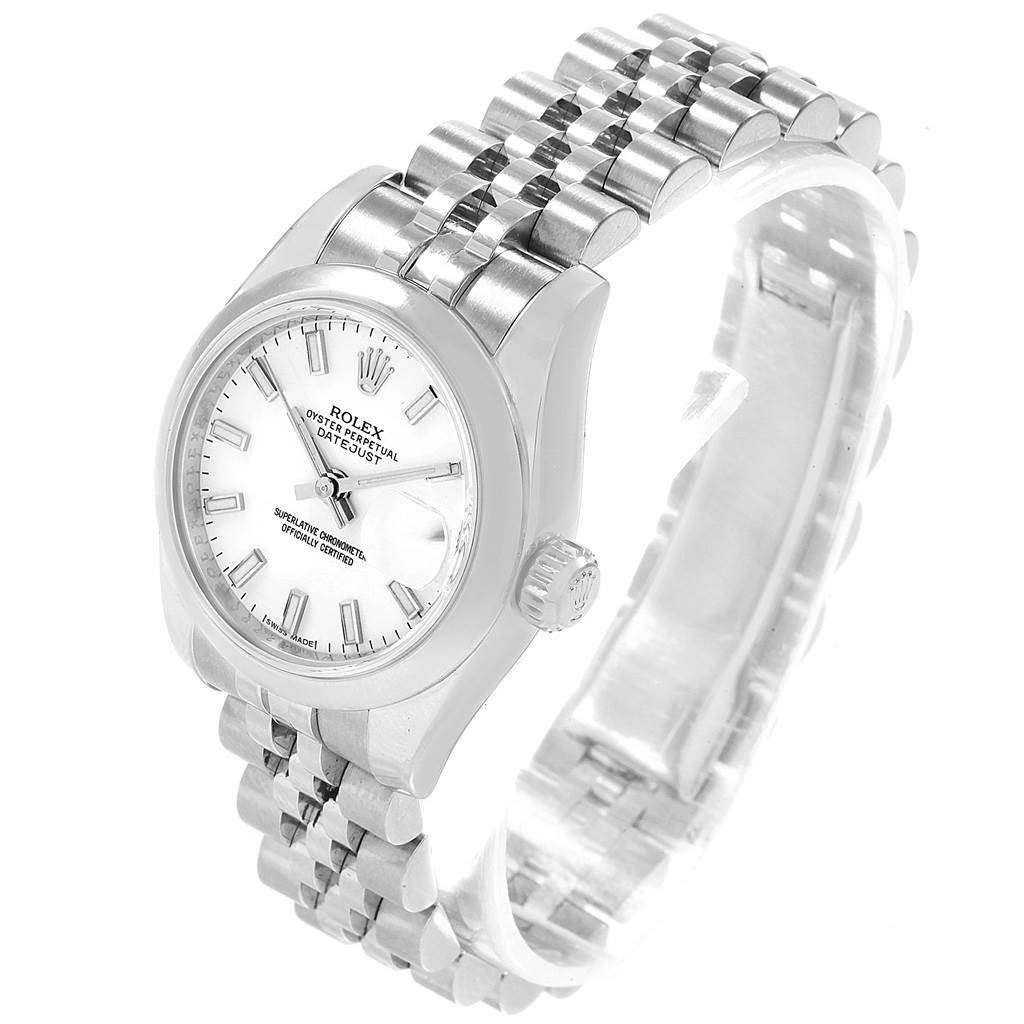 The image shows the Rolex Datejust 179160 Women's Stainless Steel White Dial 179160 Women's Stainless Steel White Dial watch at an angled view, highlighting the face, crown, and bracelet.