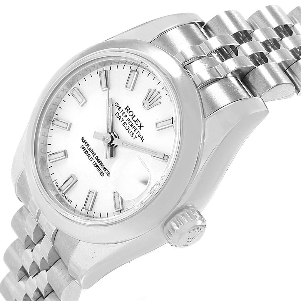 The image shows an angled view of a Rolex Datejust 179160 Women's Stainless Steel White Dial 179160 Women's Stainless Steel White Dial watch, highlighting the face, bezel, crown, and part of the bracelet.