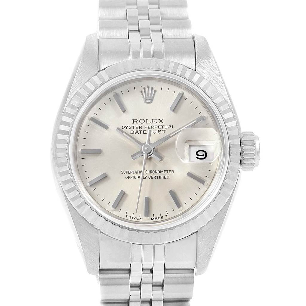 The image shows a front view of the Rolex Datejust 69174 Women's Stainless Steel Silver Dial 69174 Women's Stainless Steel Silver Dial watch, displaying the dial, bezel, bracelet, and crown.