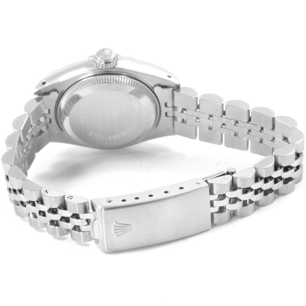 The image shows the back case and clasp of a Rolex Datejust 69174 Women's Stainless Steel Silver Dial 69174 Women's Stainless Steel Silver Dial watch, highlighting the bracelet and Rolex crown logo on the clasp.