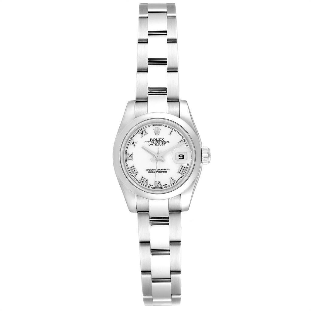 This image shows a frontal view of a Rolex Datejust 179160 Women's Stainless Steel White Dial 179160 Women's Stainless Steel White Dial watch, displaying its face, bracelet, and clasp.