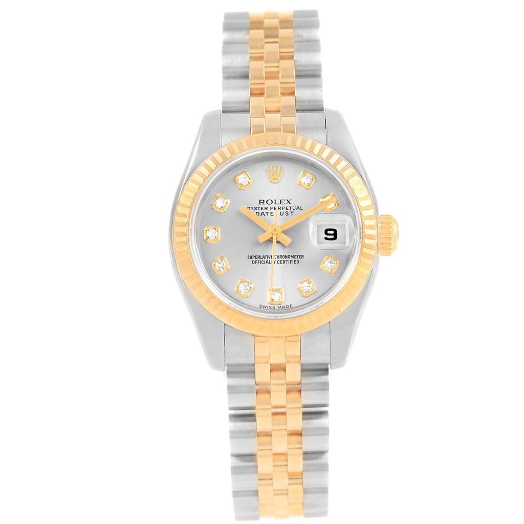 The image shows a front view of a Rolex Datejust 179173 Women's Steel and Gold (two tone) Silver Dial 179173 Women's Steel and Gold (two tone) Silver Dial watch, showcasing its gold and silver bracelet, bezel, and diamond hour markers.