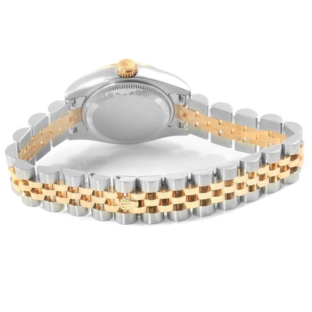 This image shows the back of a Rolex Datejust 179173 Women's Steel and Gold (two tone) Silver Dial 179173 Women's Steel and Gold (two tone) Silver Dial watch, featuring the case back and two-tone Jubilee bracelet.