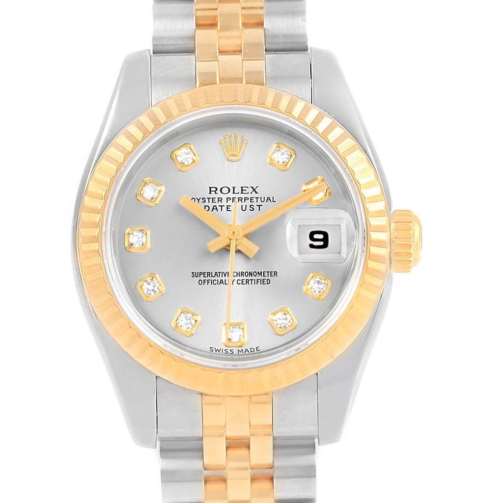 The Rolex Datejust 179173 Women's Steel and Gold (two tone) Silver Dial 179173 Women's Steel and Gold (two tone) Silver Dial watch is shown from a top-down view, displaying the dial, bezel, bracelet, and date window.