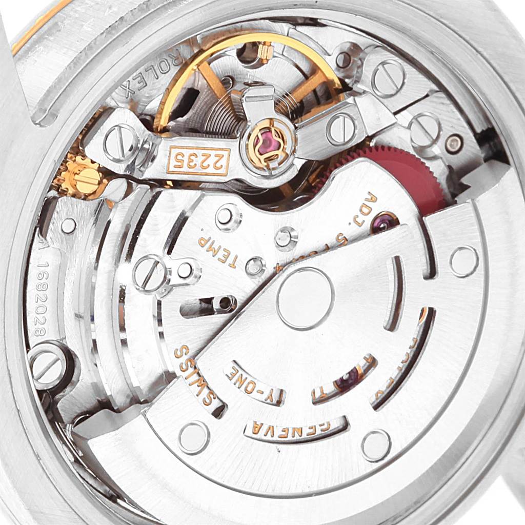 The image shows the internal movement mechanism of a Rolex Datejust 179173 Women's Steel and Gold (two tone) Silver Dial 179173 Women's Steel and Gold (two tone) Silver Dial watch, viewed from the rear case angle.