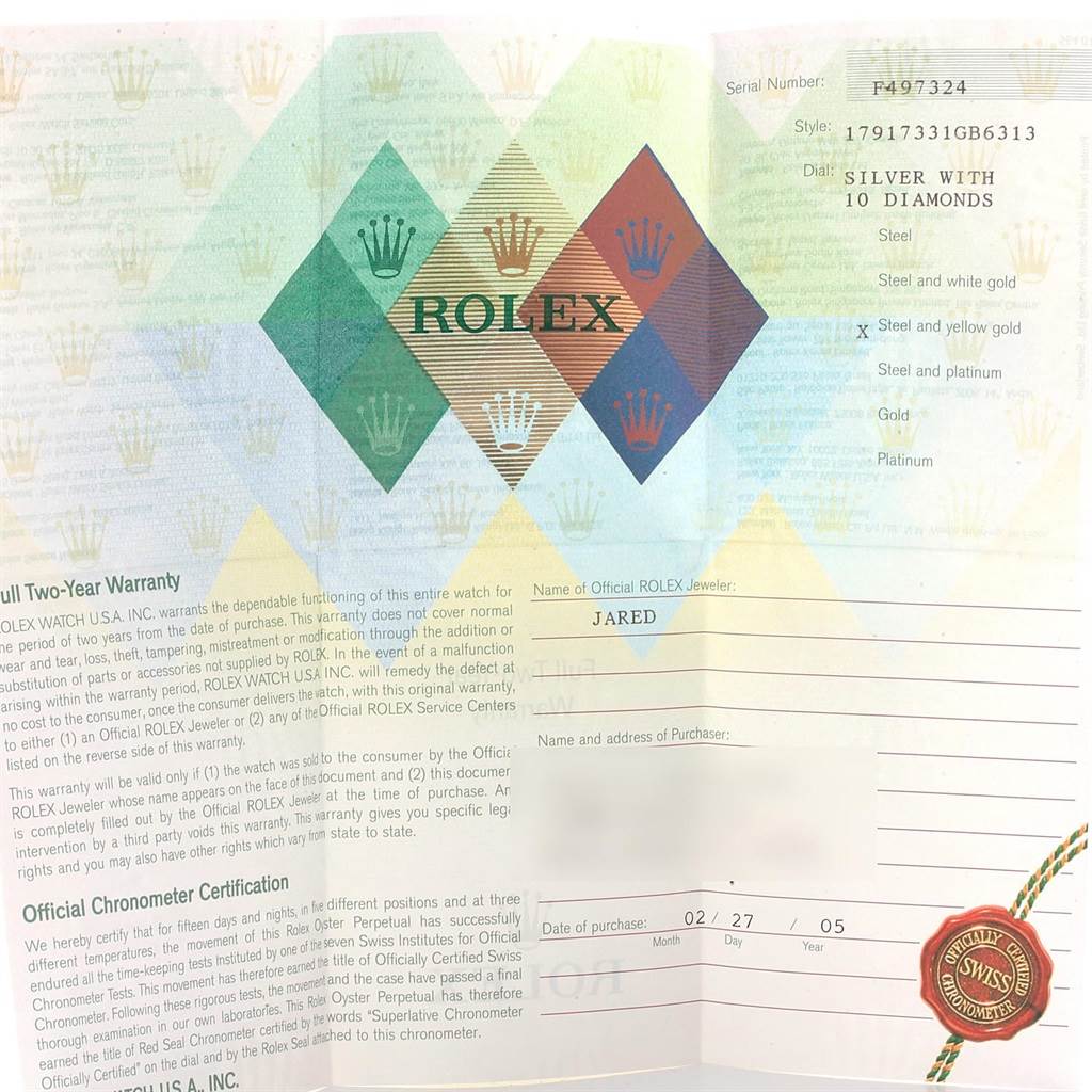 This image shows Rolex documents including a warranty and chronometer certification for a Datejust model.