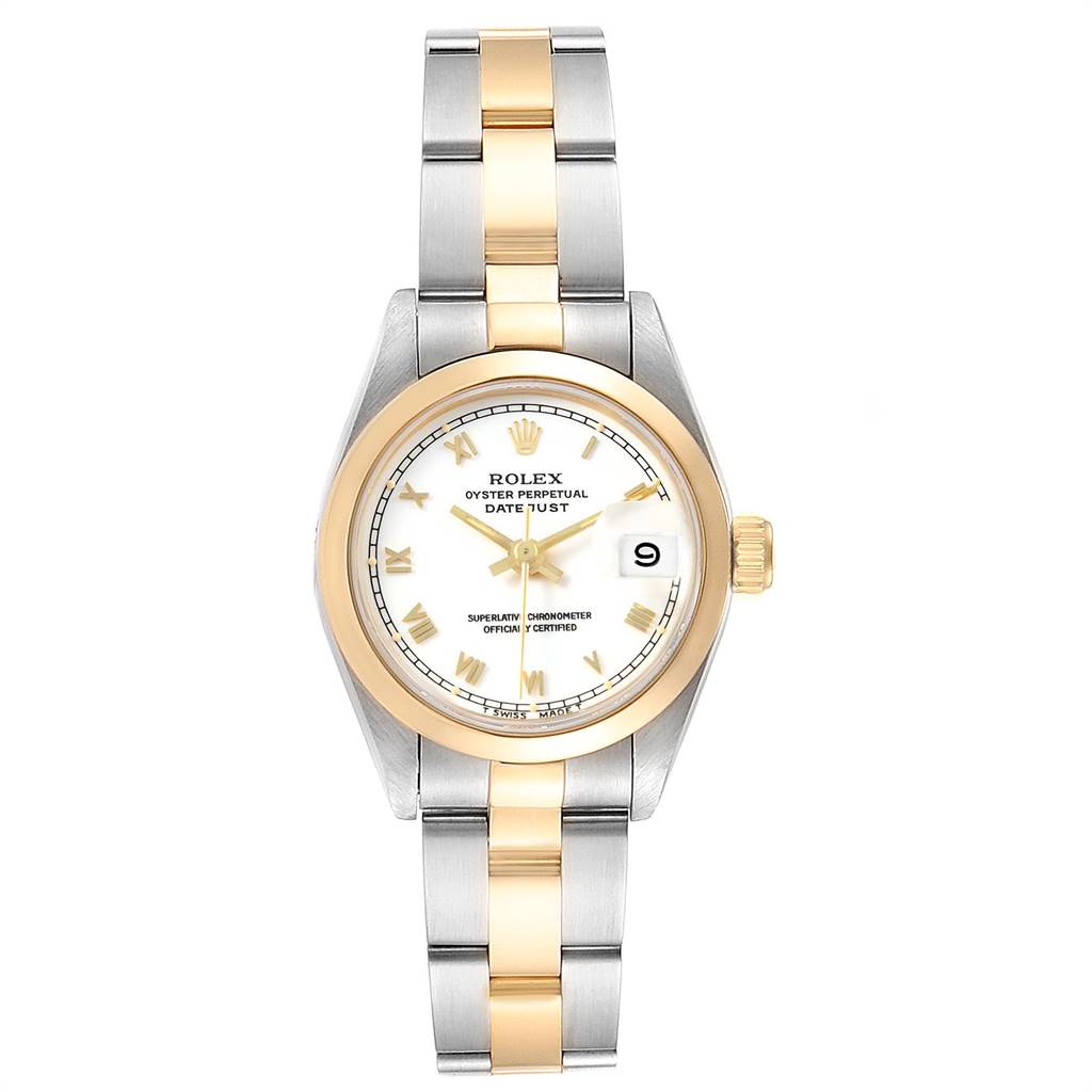The Rolex Datejust 69163 Women's Stainless Steel White Dial 69163 Women's Stainless Steel White Dial watch is shown from a front angle, displaying its face, bezel, and two-tone bracelet.