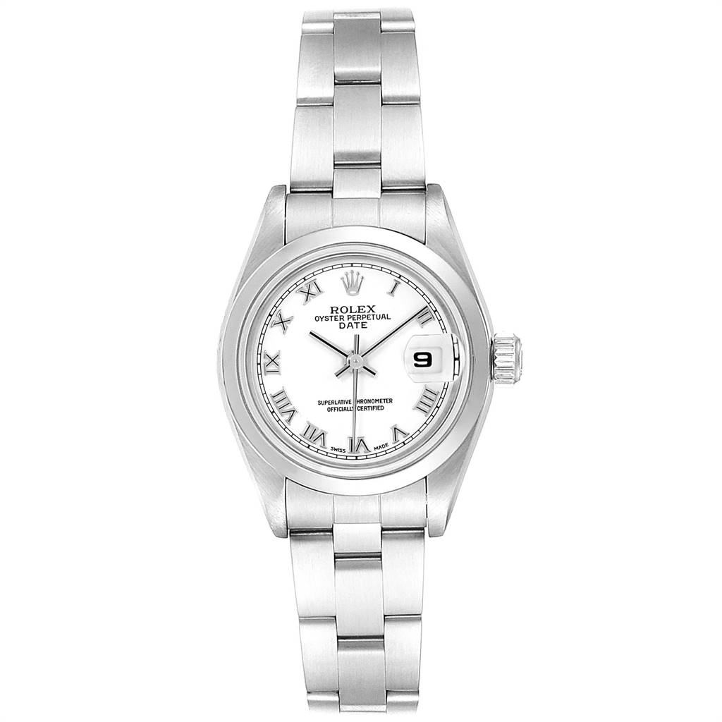 This image shows a front view of a Rolex Datejust 79160 Women's Stainless Steel White Dial 79160 Women's Stainless Steel White Dial watch, highlighting its dial, bezel, crown, and bracelet.