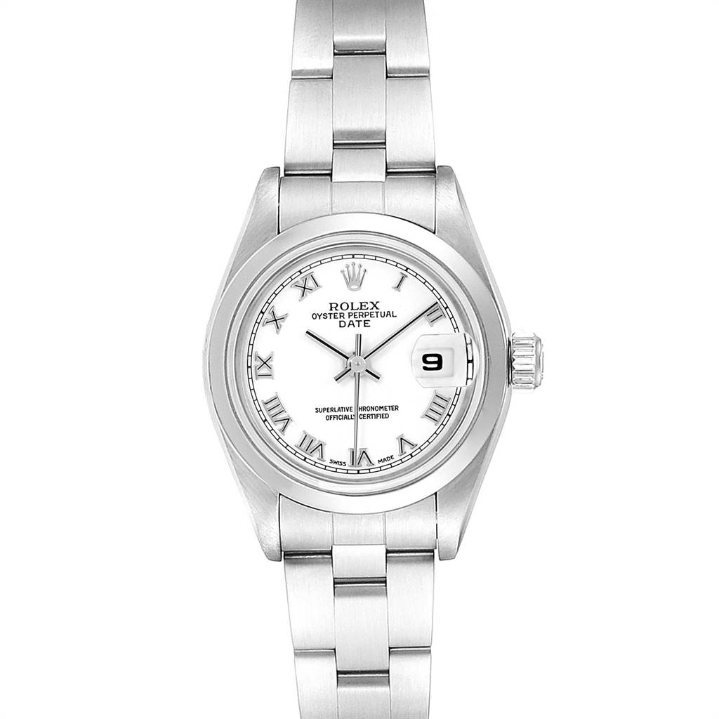 This image shows a front view of the Rolex Datejust 79160 Women's Stainless Steel White Dial 79160 Women's Stainless Steel White Dial watch, highlighting the dial, Roman numerals, and stainless steel bracelet.