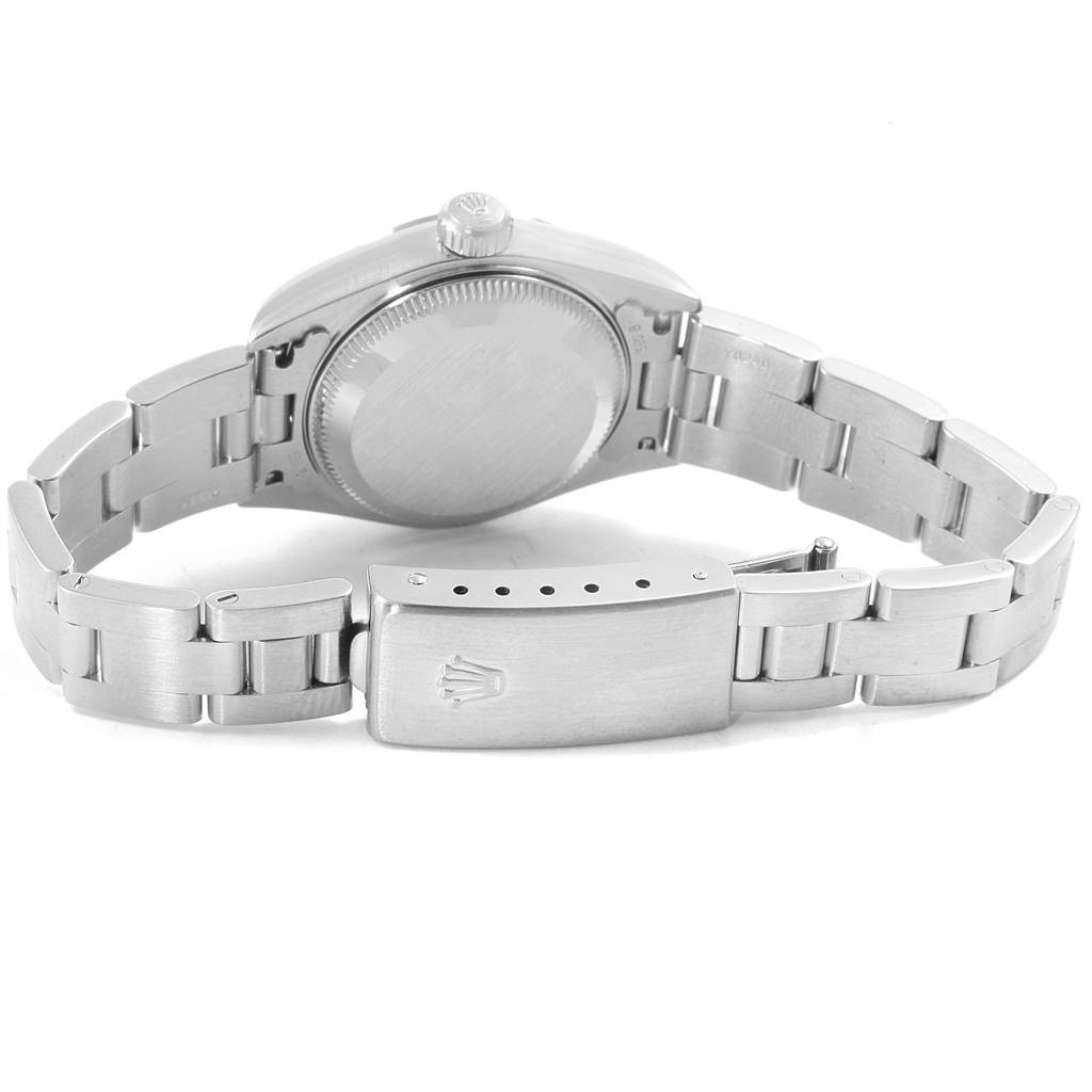 The image shows the back of a Rolex Datejust 79160 Women's Stainless Steel White Dial 79160 Women's Stainless Steel White Dial watch, focusing on the clasp, bracelet, and case back.