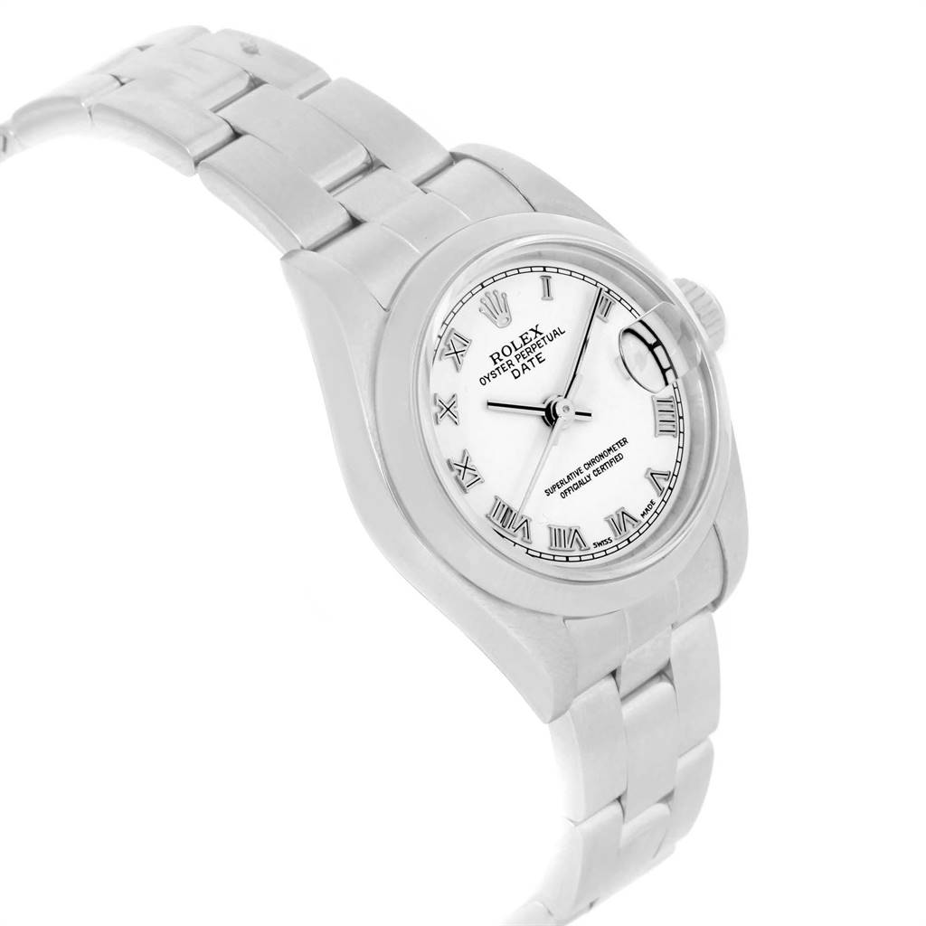 The image shows a Rolex Datejust 79160 Women's Stainless Steel White Dial 79160 Women's Stainless Steel White Dial watch angled slightly from above, displaying its face, bezel, and part of the bracelet.