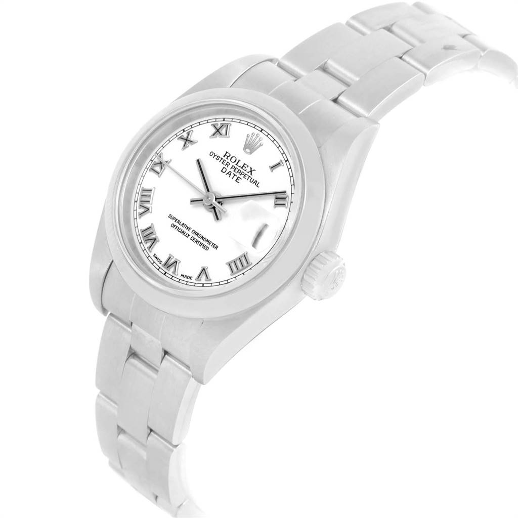 The Rolex Datejust 79160 Women's Stainless Steel White Dial 79160 Women's Stainless Steel White Dial watch is shown from an angled perspective, highlighting the dial, bezel, case, and bracelet.