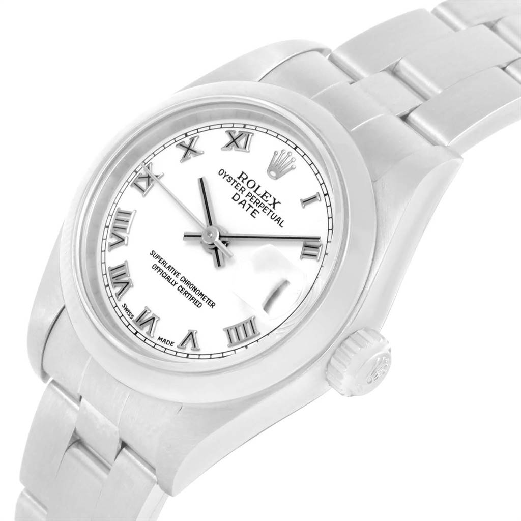 The image shows a close-up angled view of a Rolex Datejust 79160 Women's Stainless Steel White Dial 79160 Women's Stainless Steel White Dial watch, featuring the dial, bezel, crown, and part of the bracelet.