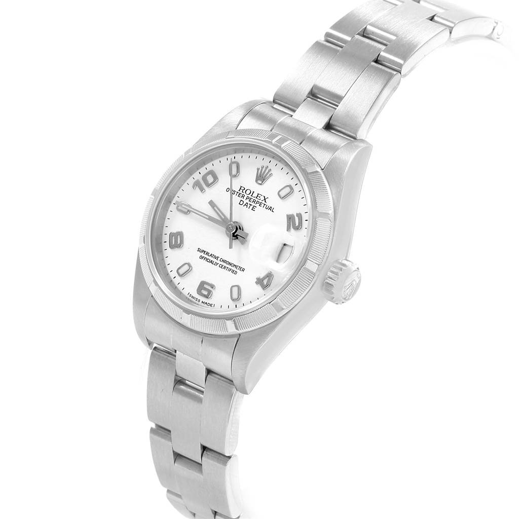 The image shows a Rolex Datejust 79190 Women's Stainless Steel White Dial 79190 Women's Stainless Steel White Dial watch at a three-quarter angle, highlighting the dial, bezel, crown, and bracelet.