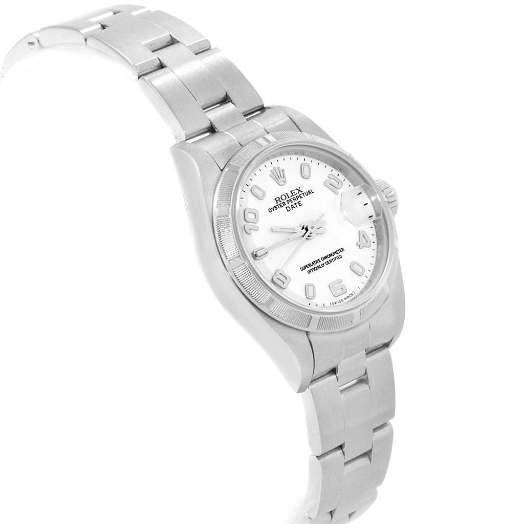 The image shows a Rolex Datejust 79190 Women's Stainless Steel White Dial 79190 Women's Stainless Steel White Dial watch from a top-right angle, highlighting its bracelet, case, dial, and crown.