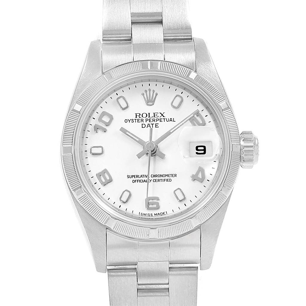 The image shows a front view of the Rolex Datejust 79190 Women's Stainless Steel White Dial 79190 Women's Stainless Steel White Dial watch, showcasing its dial, bezel, bracelet, and date window.