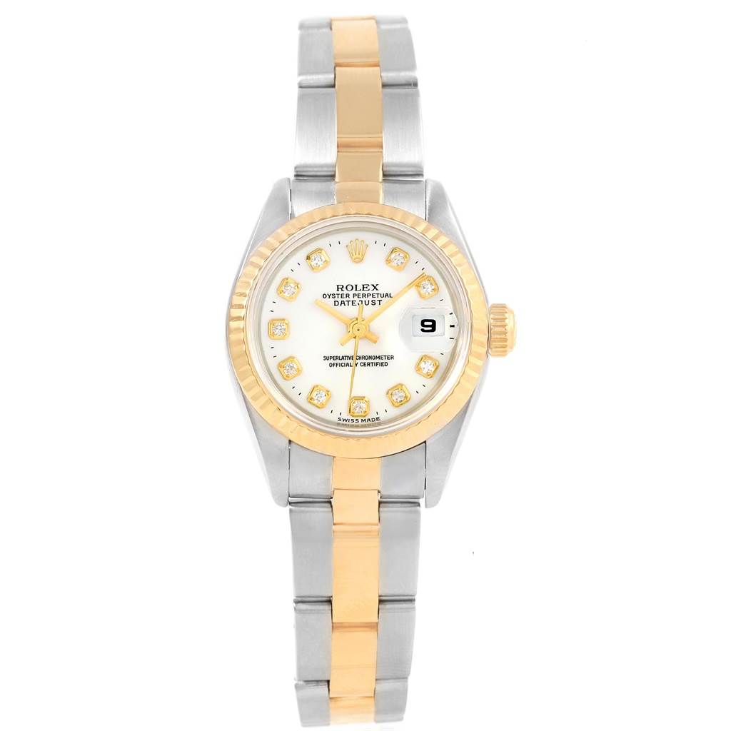 The Rolex Datejust 69173 Women's Stainless Steel White Dial 69173 Women's Stainless Steel White Dial watch is shown from a top-down angle featuring its dial, bezel, crown, and bracelet.