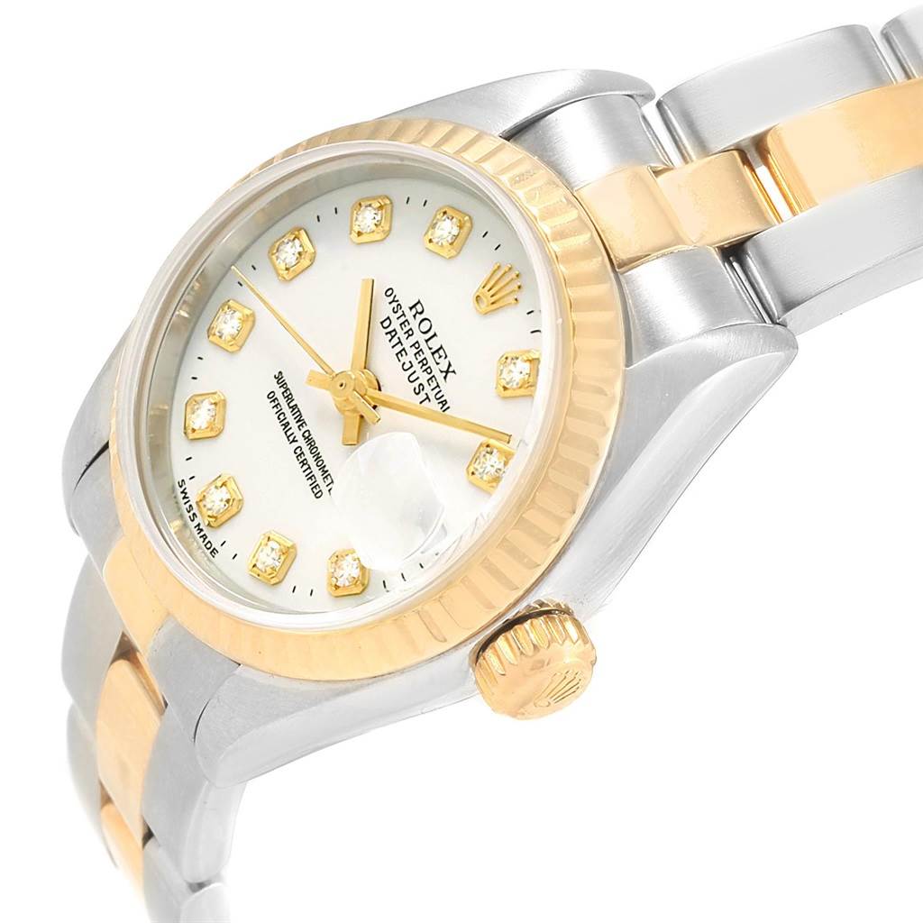 The image shows a side angle of the Rolex Datejust 69173 Women's Stainless Steel White Dial 69173 Women's Stainless Steel White Dial model watch, emphasizing the crown, bezel, dial, and part of the bracelet.
