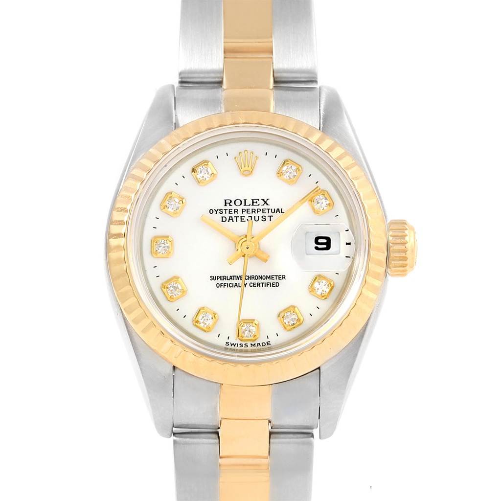 The image shows a front view of a Rolex Datejust 69173 Women's Stainless Steel White Dial 69173 Women's Stainless Steel White Dial watch, highlighting its dial, bezel, and bracelet.
