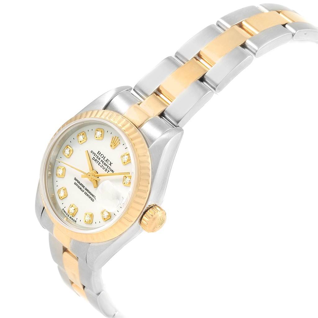 The image shows a Rolex Datejust 69173 Women's Stainless Steel White Dial 69173 Women's Stainless Steel White Dial watch angled slightly to the left, highlighting the dial, bezel, and two-tone bracelet.