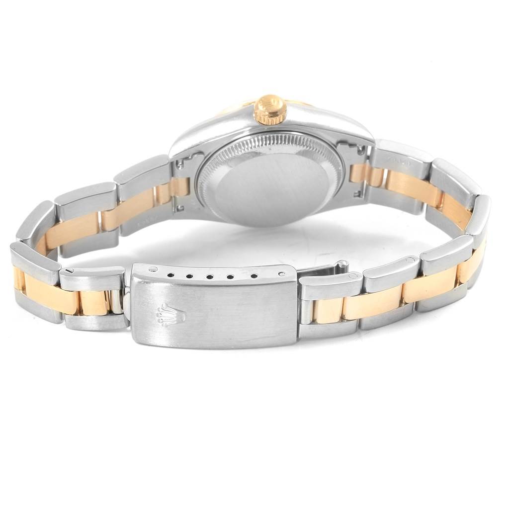This image shows the back view of a Rolex Datejust 69173 Women's Stainless Steel White Dial 69173 Women's Stainless Steel White Dial watch, highlighting its two-tone bracelet and clasp.