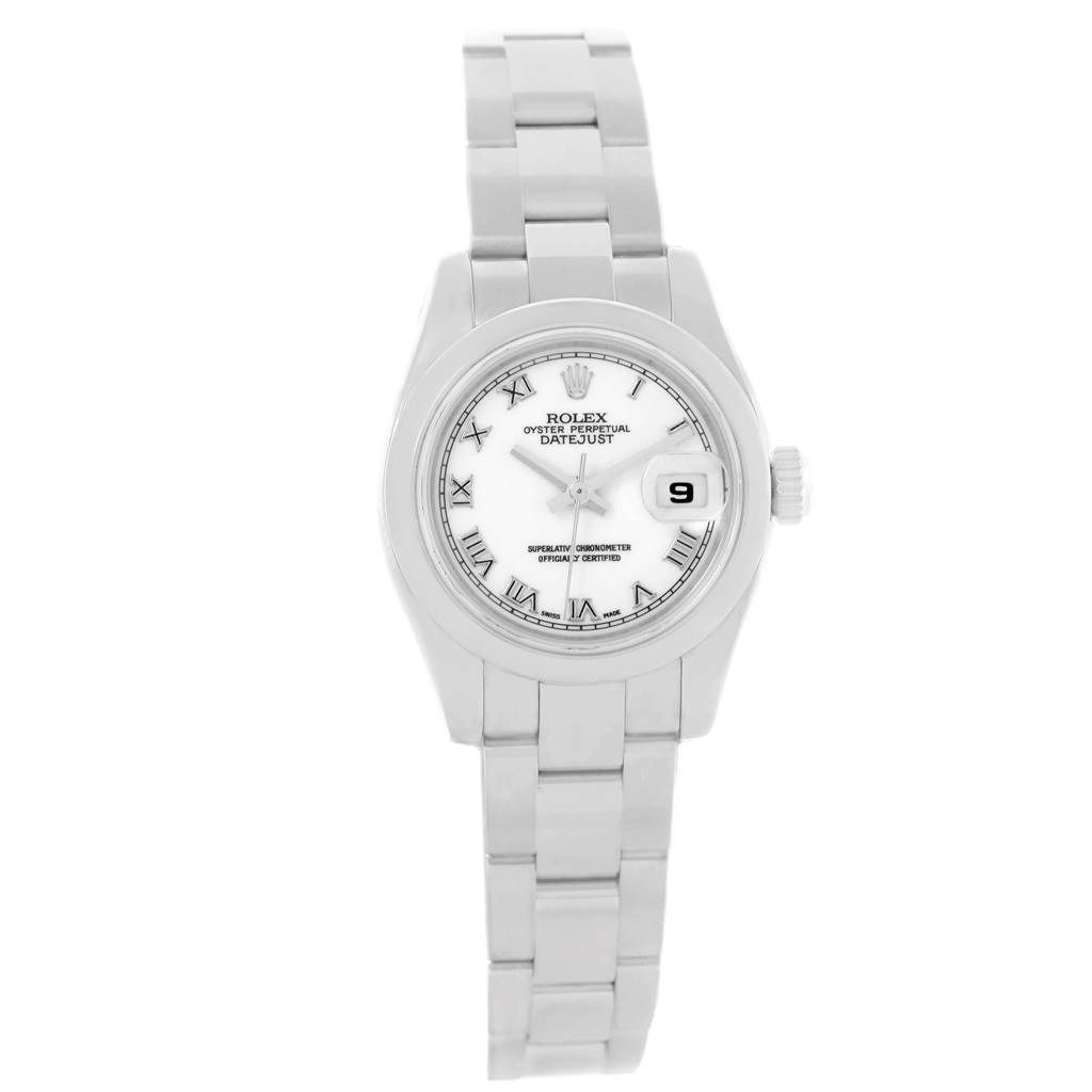 This image shows a front view of a Rolex Datejust 179160 Women's Stainless Steel White Dial 179160 Women's Stainless Steel White Dial watch, displaying the dial, bracelet, and date window.