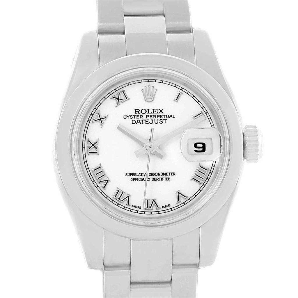 The image shows a front-facing view of the Rolex Datejust 179160 Women's Stainless Steel White Dial 179160 Women's Stainless Steel White Dial watch, displaying its dial, bezel, case, and part of the bracelet.