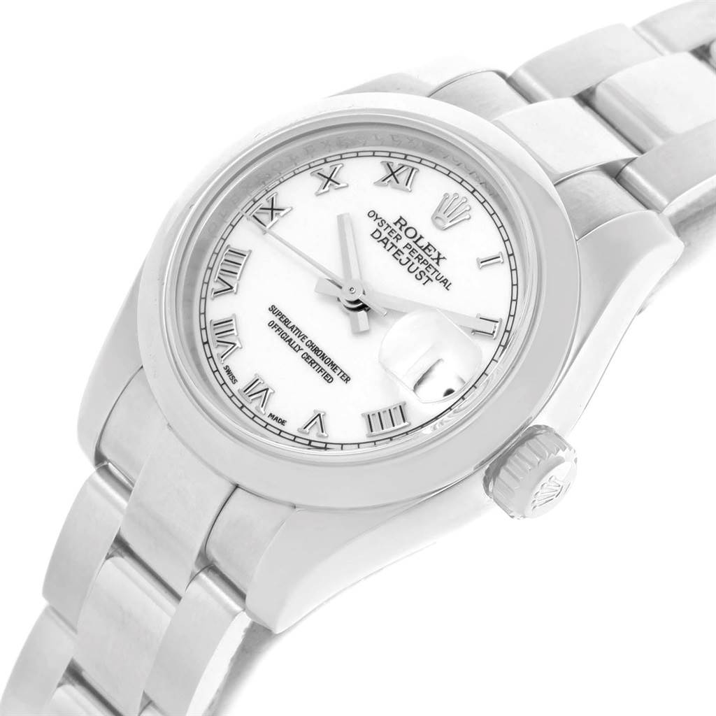 The image shows a Rolex Datejust 179160 Women's Stainless Steel White Dial 179160 Women's Stainless Steel White Dial watch viewed at an angle, highlighting the face, crown, and part of the bracelet.